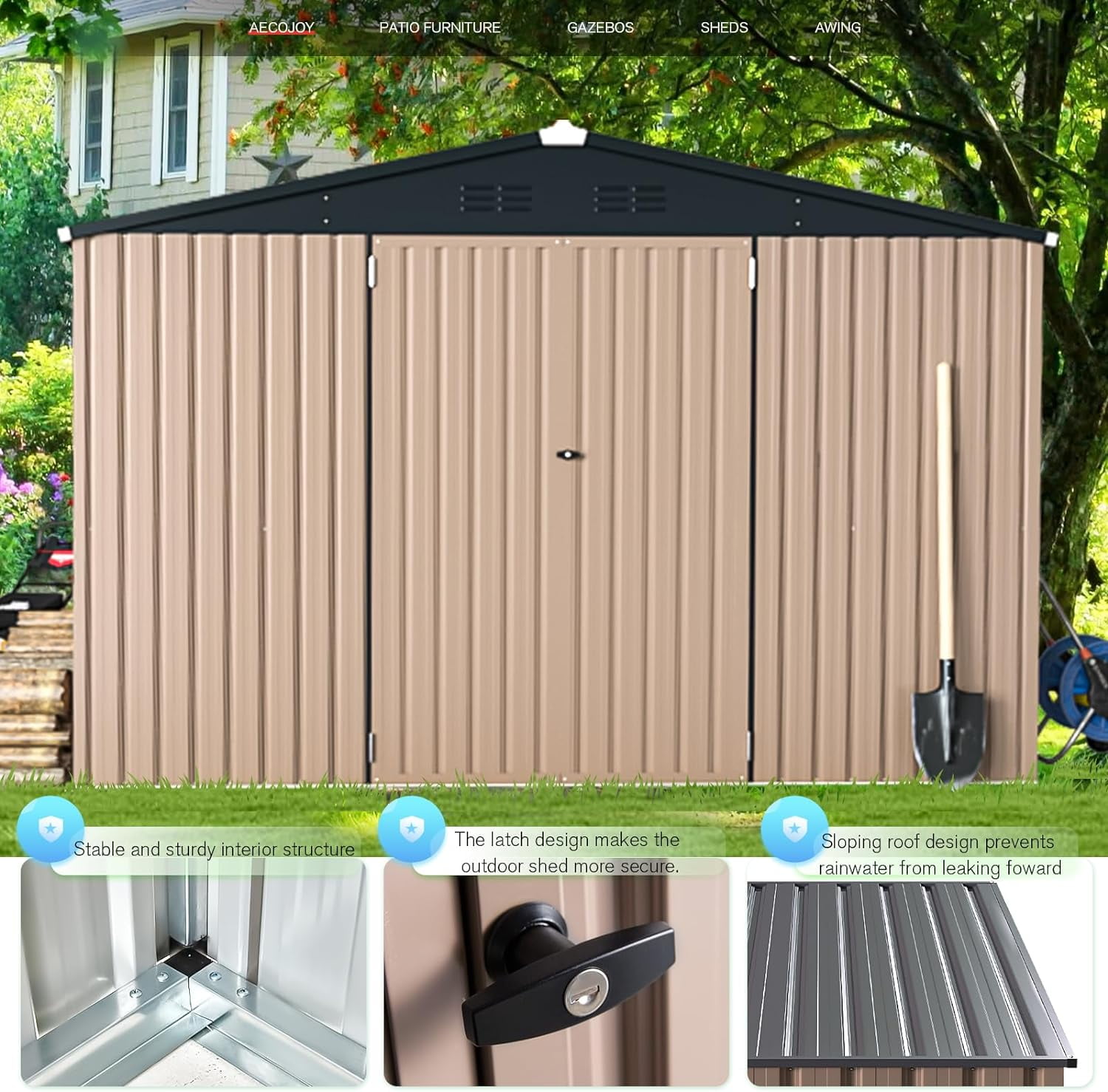 AECOJOY 10' x 10' Outdoor Storage Shed with Lockable Door Patio Metal Garden Storage Building in Brown for Outside