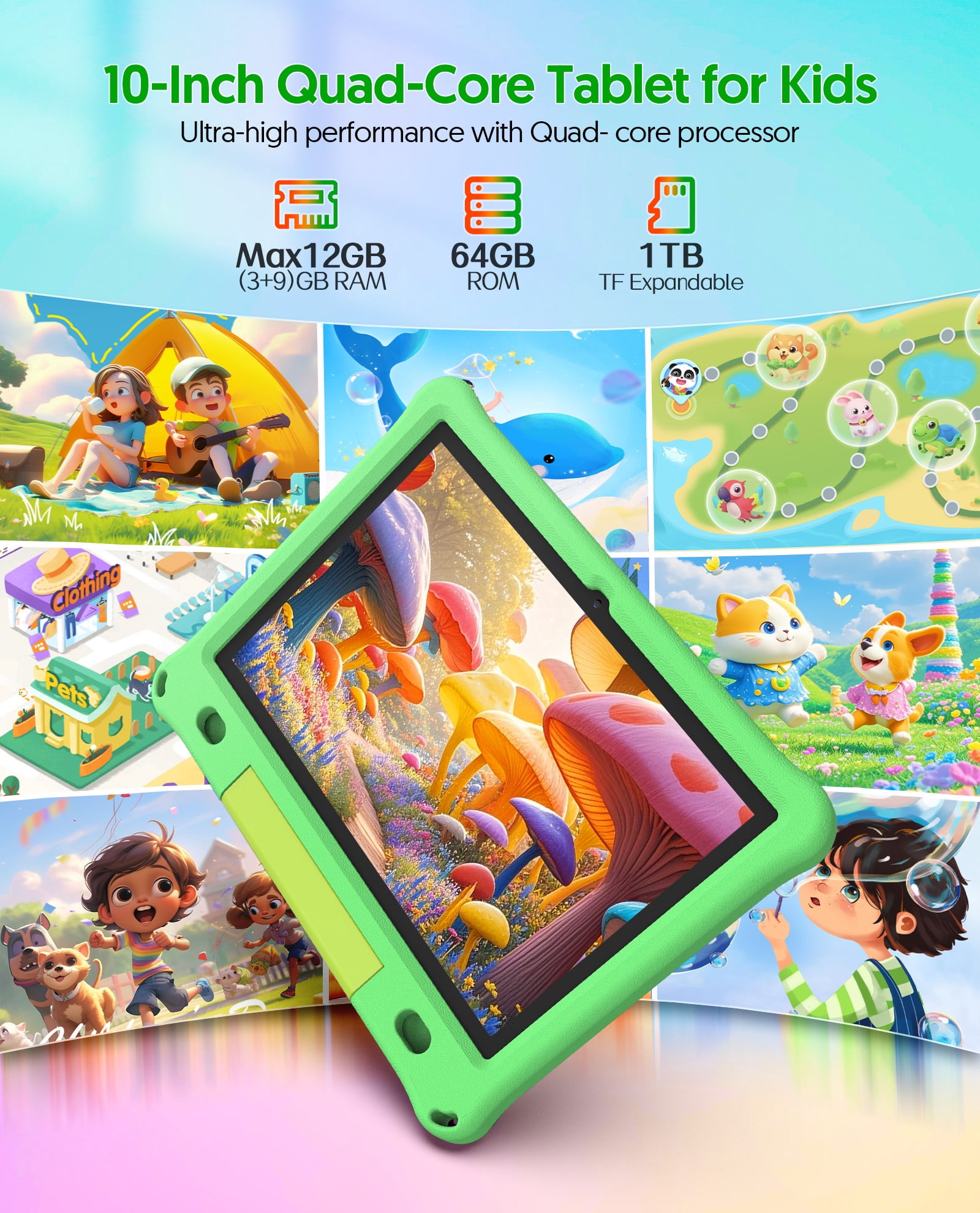 FITIFUN 10.1 inch Kids Tablet Android 15, 3GB RAM 64GB ROM 1TB Expand, Quad-Core, 5G/2.4G WiFi, 6000mAh, HD Display, Parental Control, Green