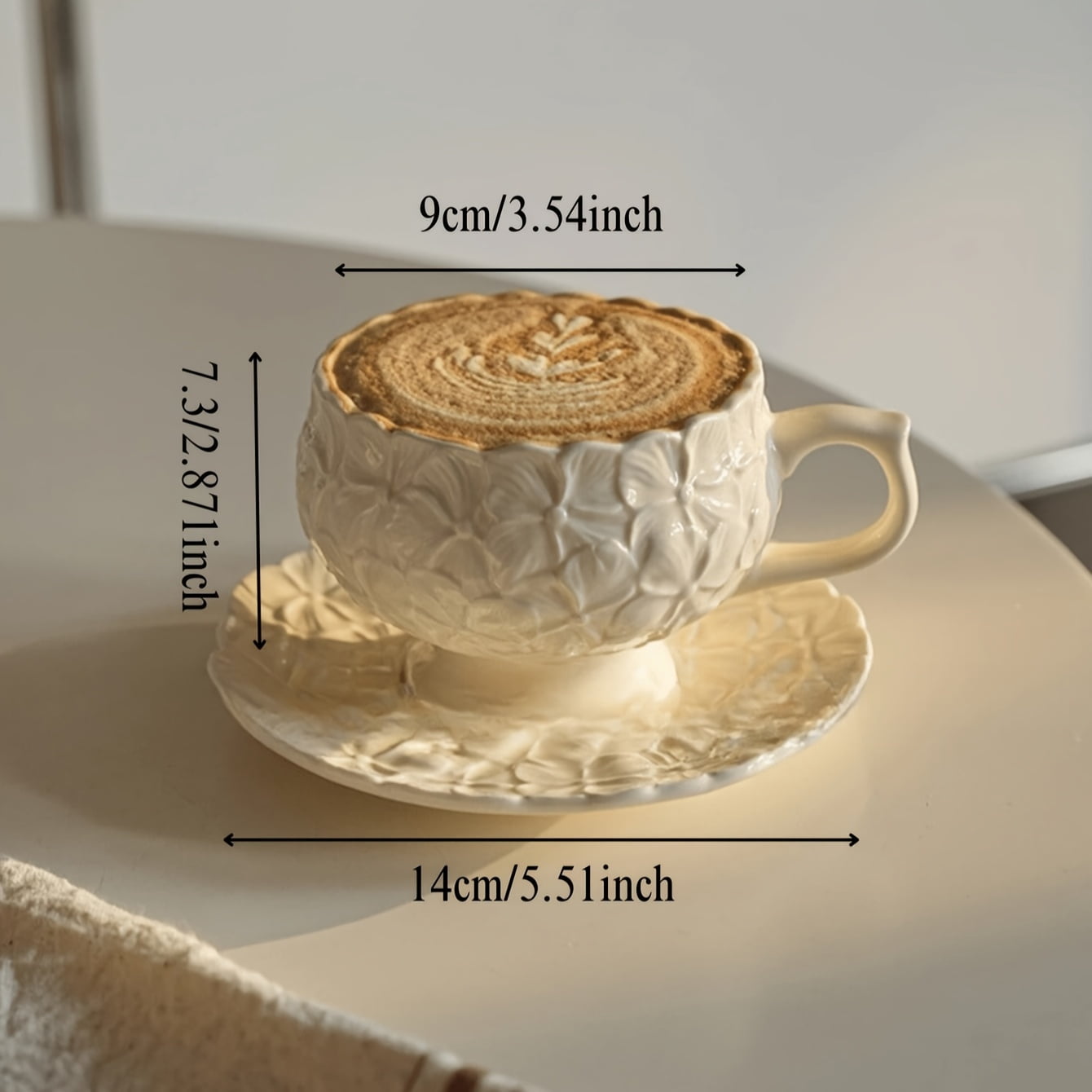 French Vintage Cream Embossed Floral Highball Coffee Cup and Saucer Set - Afternoon Tea Latte Art Cup - A unique gift choice, reusable ceramic, hand wash only, perfect for espresso, cappuccino and ot