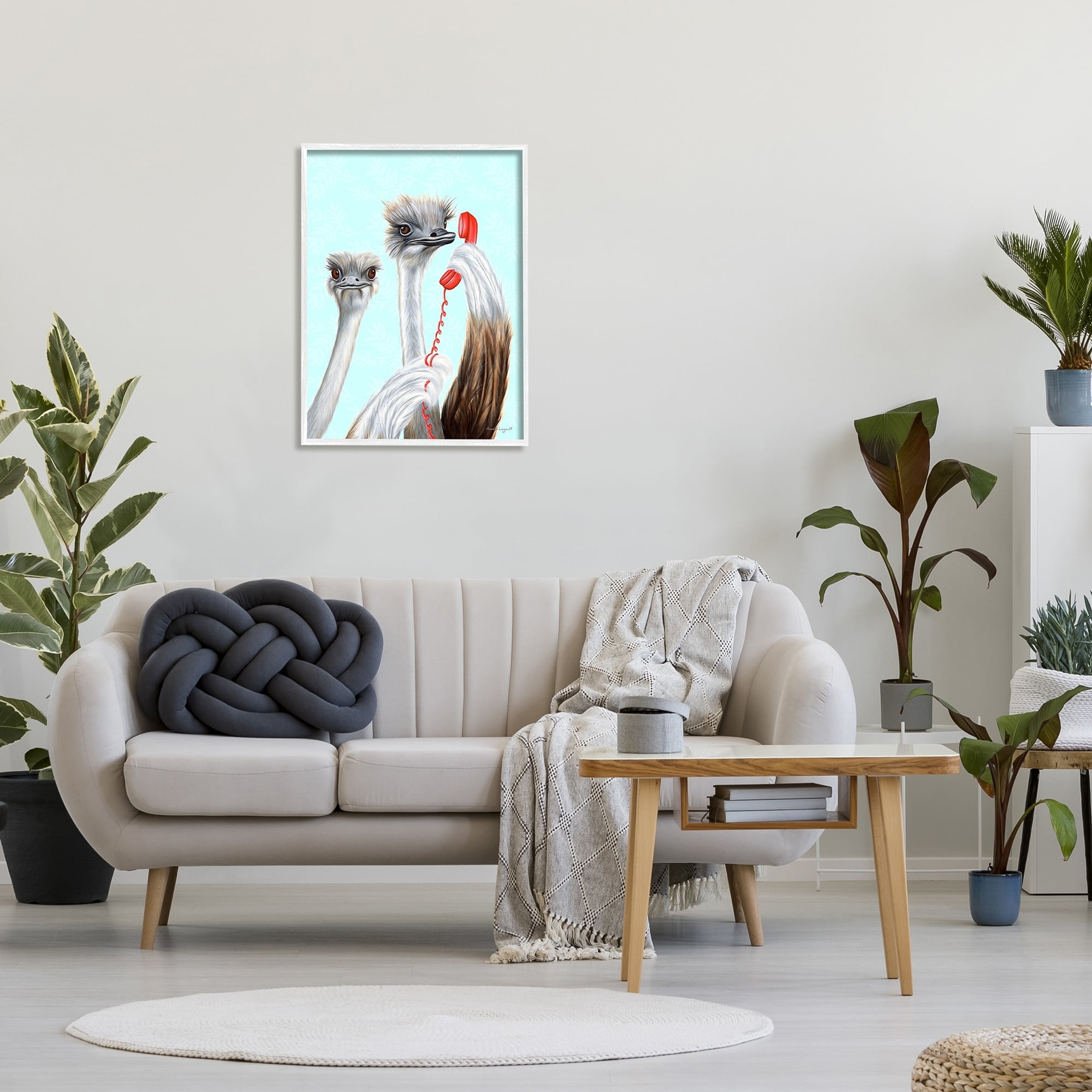 Stupell Industries Detailed Ostrich Birds Talking Red Cord Telephone Graphic Art White Framed Art Print Wall Art, Design by Amelie Legault