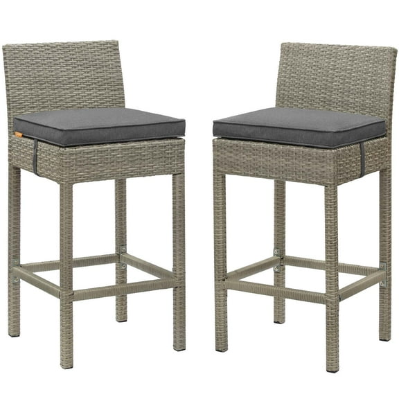 Contemporary Modern Urban Designer Outdoor Patio Balcony Garden Furniture Bar Side Stool Chair, Set of Two, Fabric Rattan Wicker, Dark Grey Gray