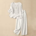thumbnail image 4 of CIENVNSTG Linen Sets For Women 2 Piece Casual Vneck Embroidered 3/4 Sleeve Tops Wide Leg Linen Pants Set Mature Women Clothing White 3XL, 4 of 8
