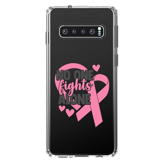 DistinctInk Clear Shockproof Hybrid Case for Samsung Galaxy S10  PLUS (6.4" Screen) - TPU Bumper Acrylic Back Tempered Glass Screen Protector - Pink Ribbon Cancer - No One Fights Alone
