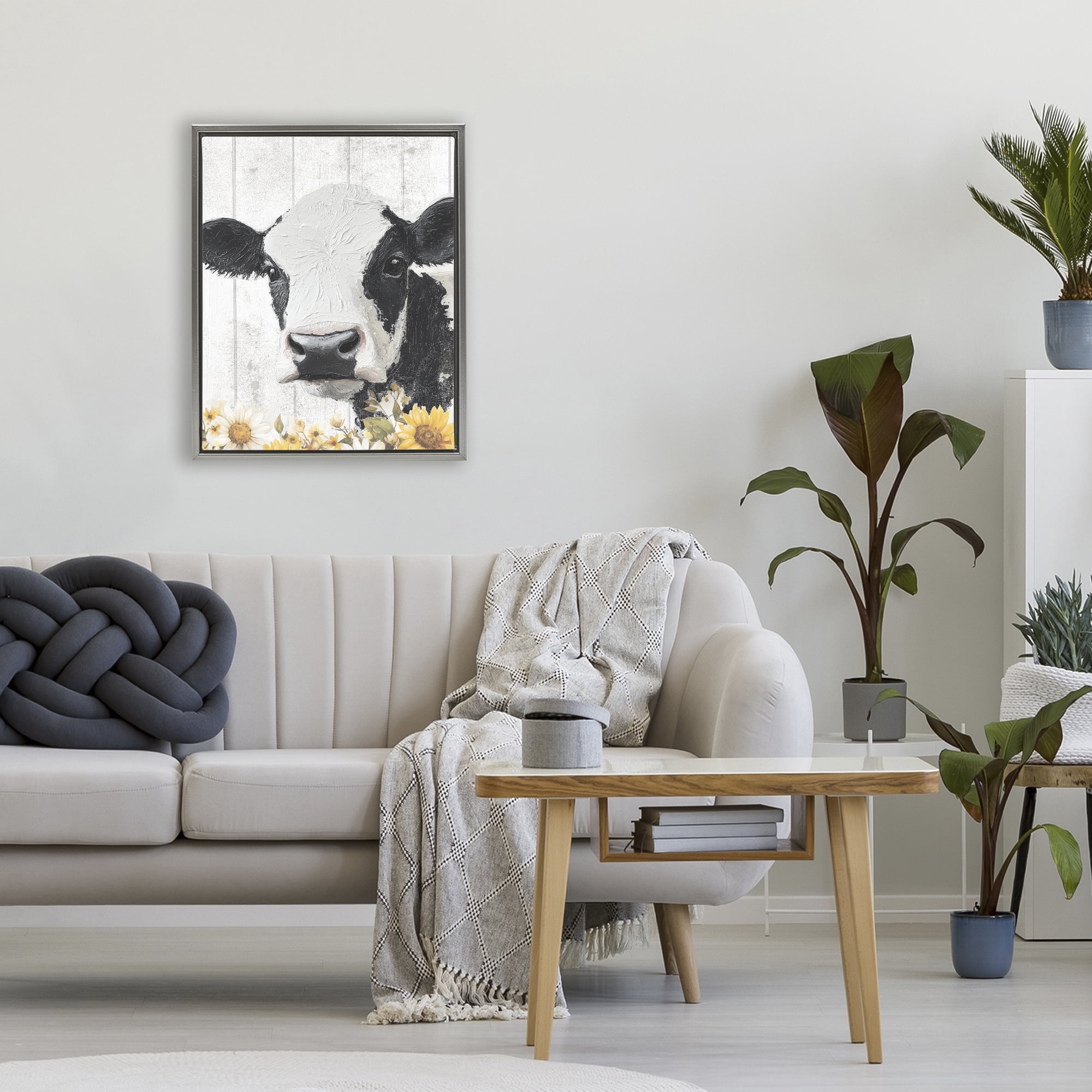 Stupell Industries Cow and Sunflowers Gray Framed Floater Canvas Wall Art, design by Christine Simpson Art