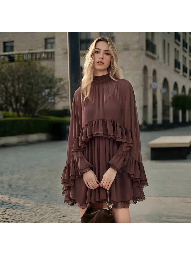 flowy spring mini dress 2026 Spring/Summer New European and American Women's Beige Ruffled Cape  Sleeve Mini Dress, High Neck Flowy Chiffon Shift Dress