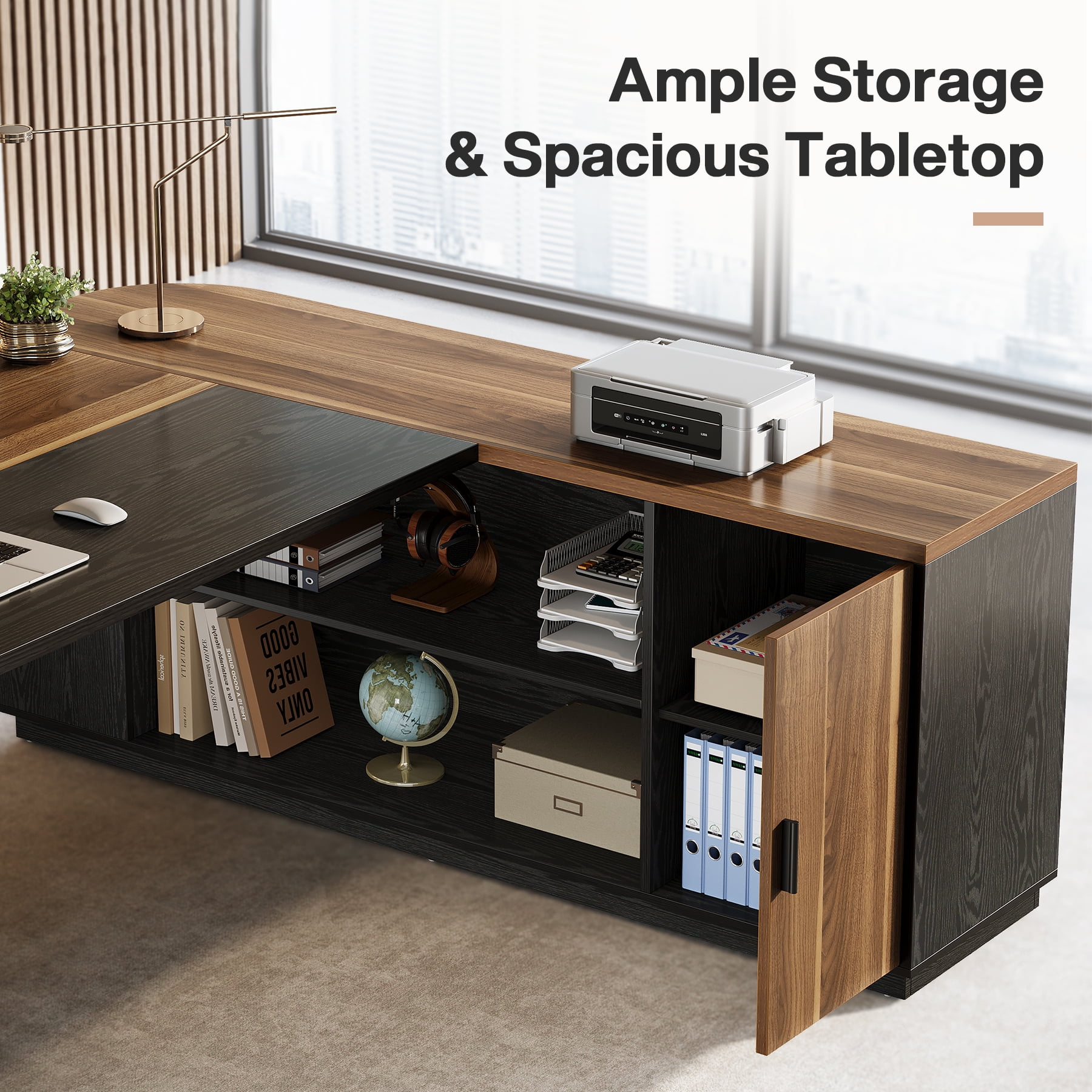Finmind Executive Desk with Cabinet, 79-Inch L-Shaped Computer Table with Storage Shelves, Office Desk for Home Office, Brown and Black