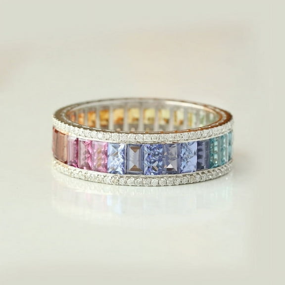 Princess Cut Multi Sapphire & Cubic Zirconia Full Eternity Band Ring, 925 Sterling Silver Three Layer Eternity Ring, Stackable Band Ring, Minimalist Ring, Handmade Fine Jewelry