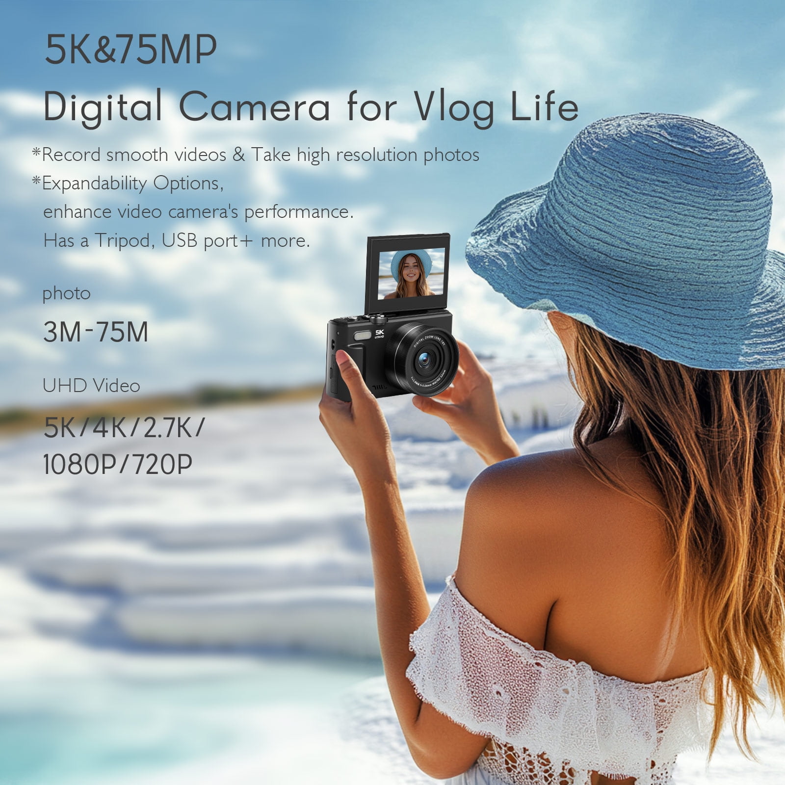 XLURC 5K Digital Camera for Photography with Wifi, 75MP Vlogging Camera for YouTube with 3" 180° Flip Screen, 18X Digital Zoom Photography Camera with 32GB Micro SD Card & 2 Batteries