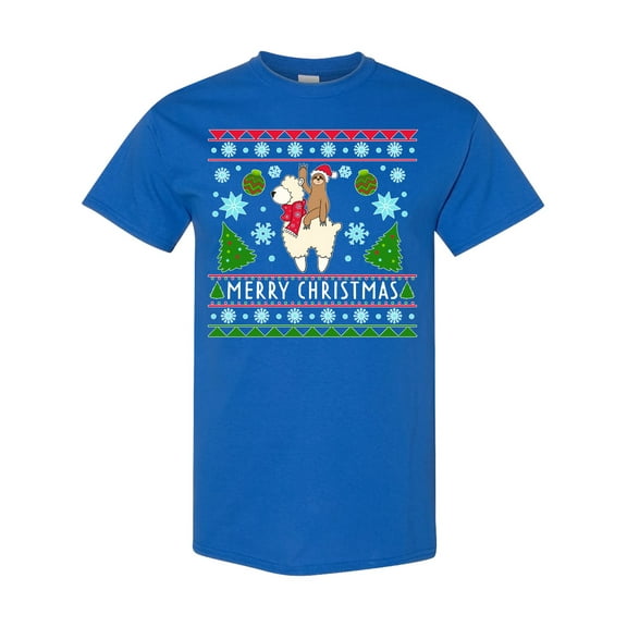 Inktastic Merry Christmas Sloth and Llama Ugly Sweater Style T-Shirt