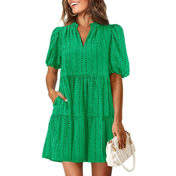Vestido KIRUNDO Oyelet Summer para mujer, cuello en V, verde, XXL