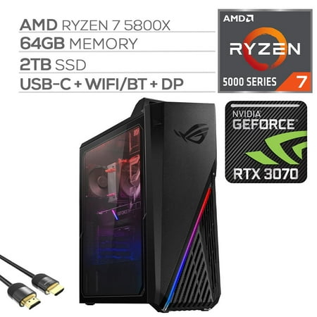 Asus ROG Strix 3070 Gaming Desktop, AMD Octa-Core Ryzen 7 5800X, GeForce RTX 3070 8GB, 64GB RAM, 2TB SSD, USB-C, Wi-Fi, HDMI/DP/DVI/VGA, RJ-45, RGB, Mytrix HDMI 2.1 Cable, Win 10