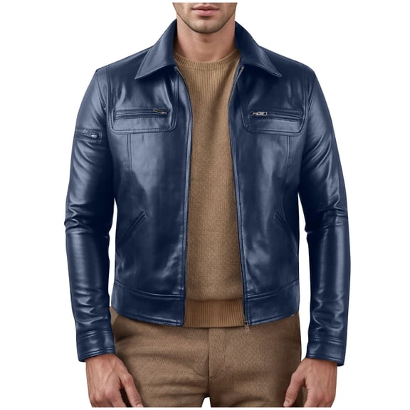 Maoxin Men's Jacket Men Zipper Pocket Artificial Leather Clothing Long Sleeves No Hat Fall And Winter Loose Coat Plus Size Leather Jackets for Men Blue M