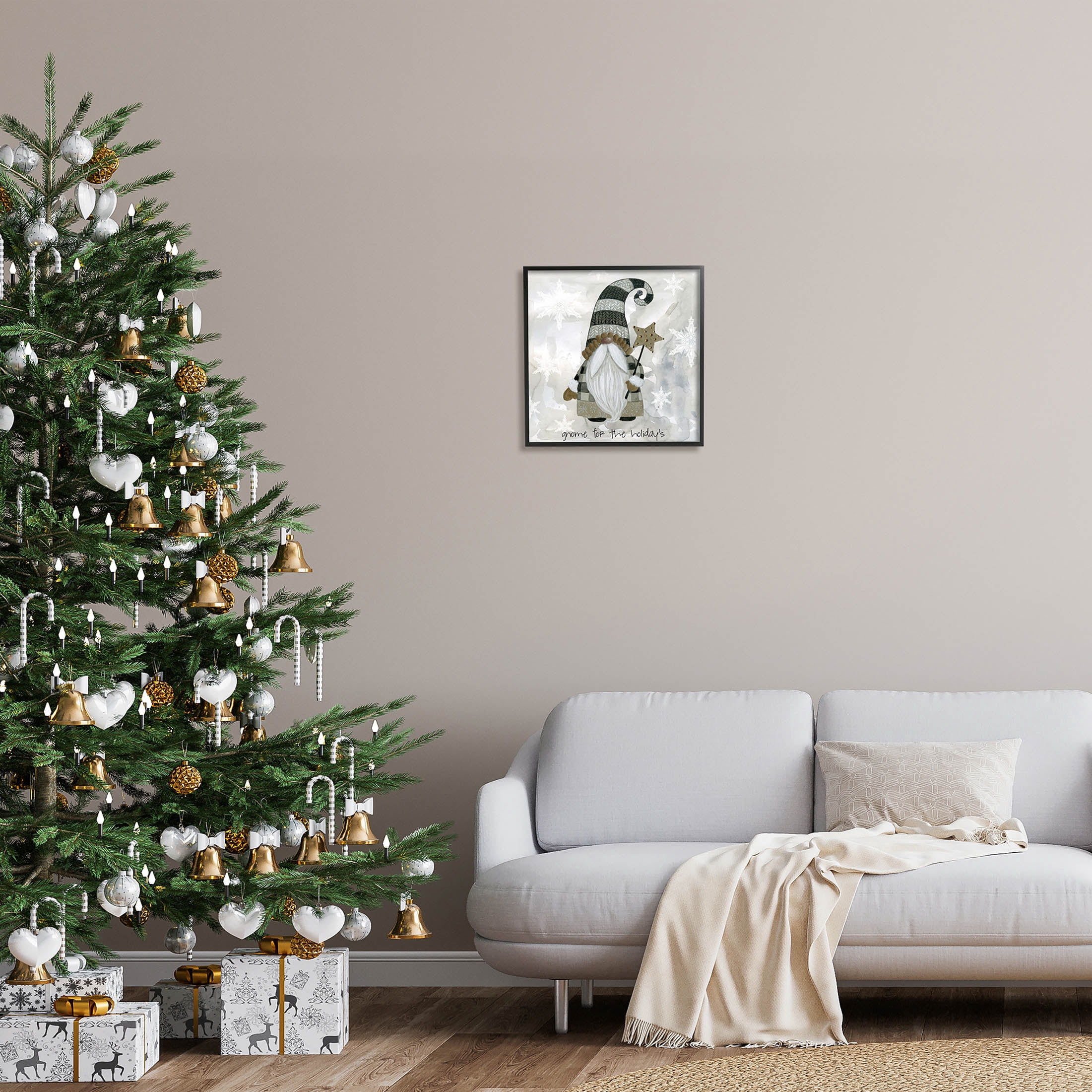 Stupell Industries Gnome For Holidays Snowflakes Graphic Art Black Framed Art Print Wall Art, Design by Livi Finn