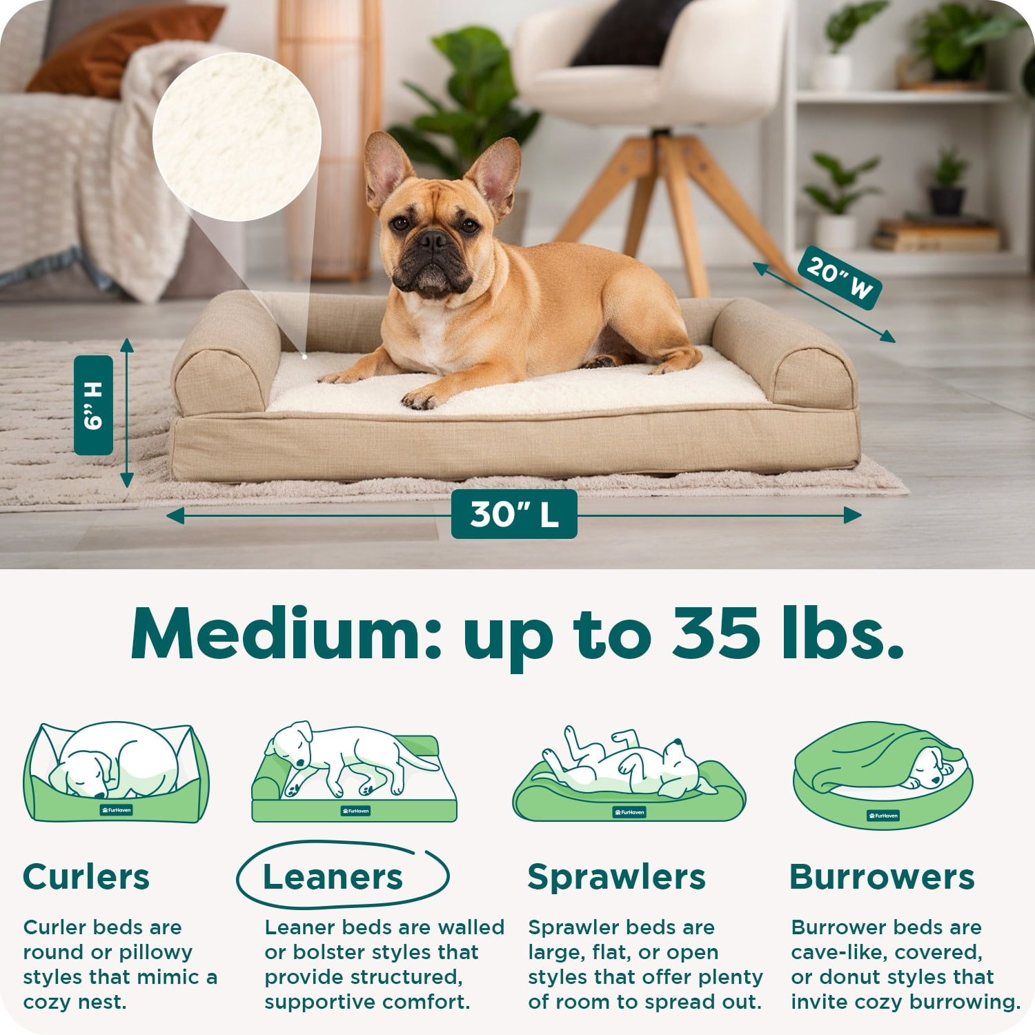 FurHaven Pet Products Medium Plush & Performance Linen Orthopedic Sofa Dog Bed, Flax