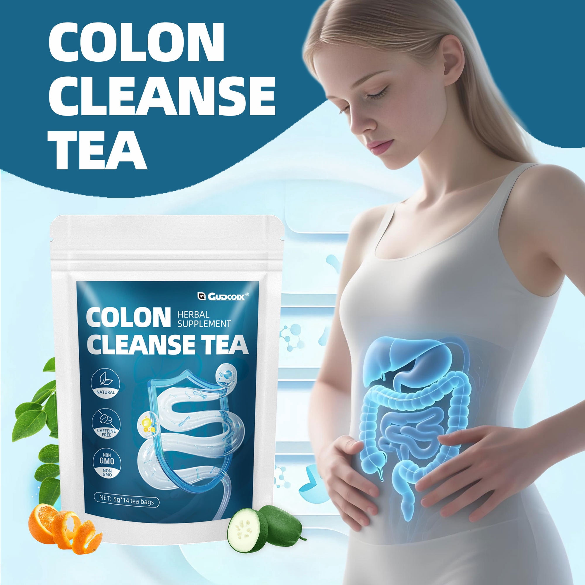 Gudcoix Herbal Colon Cleanse Tea, Digestive Support, Natural Detox Blend, Caffeine Free, Non GMO, 14 Bags