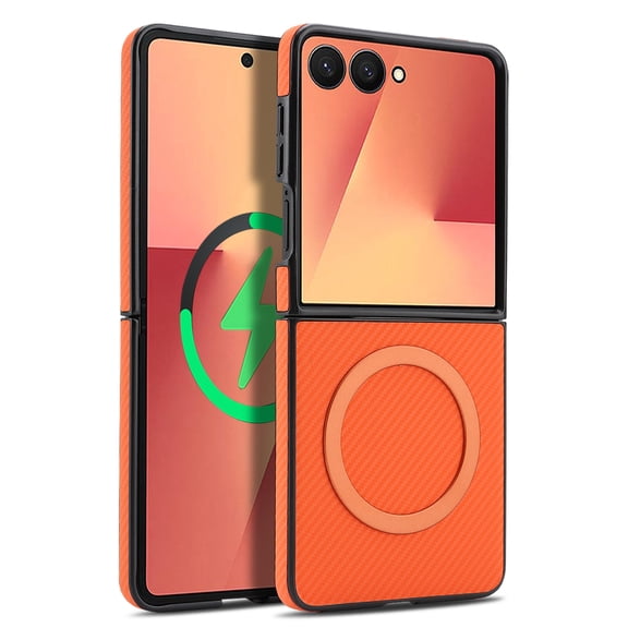 Case for Samsung Galaxy Z Flip 8, Luxury Carbon Fiber Texture PC TPU Shockproof Anti-Scratch Magnetic Wireless Charging Lightweight Drop Protective Non-Slip Fashion Phone Case Cover, Orange