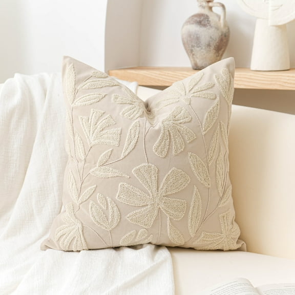 BlissBlush Light Beige Velvet Decorative Throw Pillow Cover 20X20, Neutral Floral Tufted Soft Farmhouse Textured Pillowcase, Accent Pillowcase for Couch Sofa Bed Living Room