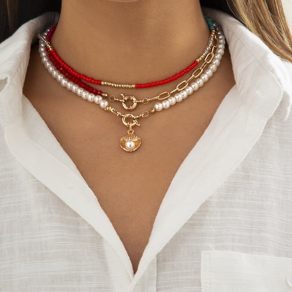 SmartBy 3Pcs Women Necklaces Multilayer Shell Pendant Jewelry Beads Imitation Pearl Pendant Necklaces for Banquet