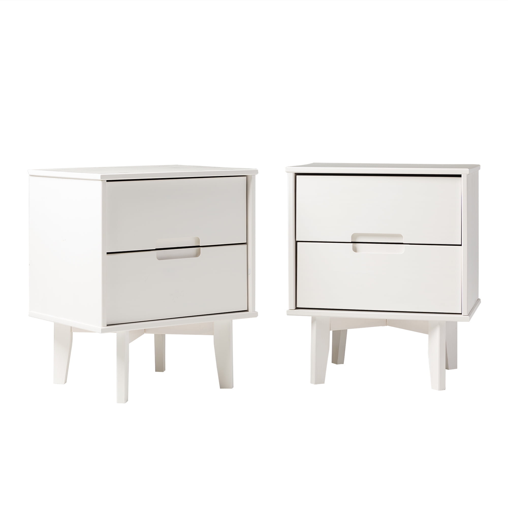 Walker Edison Mid-Century Modern 2-Drawer Solid Wood Nightstands, White, Set of 2