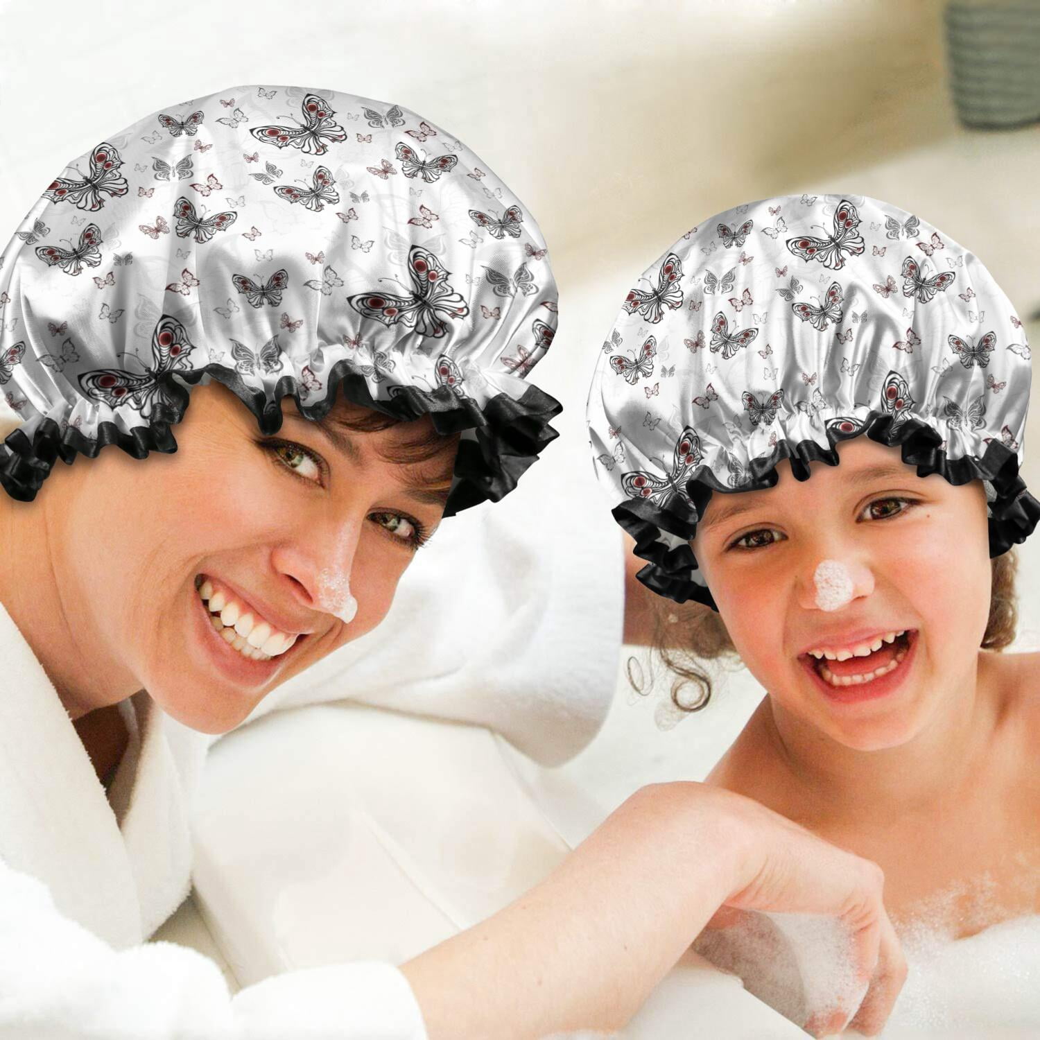 Shower Caps,Black White Butterfly Pattern Waterproof Shower Cap for Women 4 Pieces,Double Reusable Hair Cover for Shower PEVA Elastic Stretch Hem