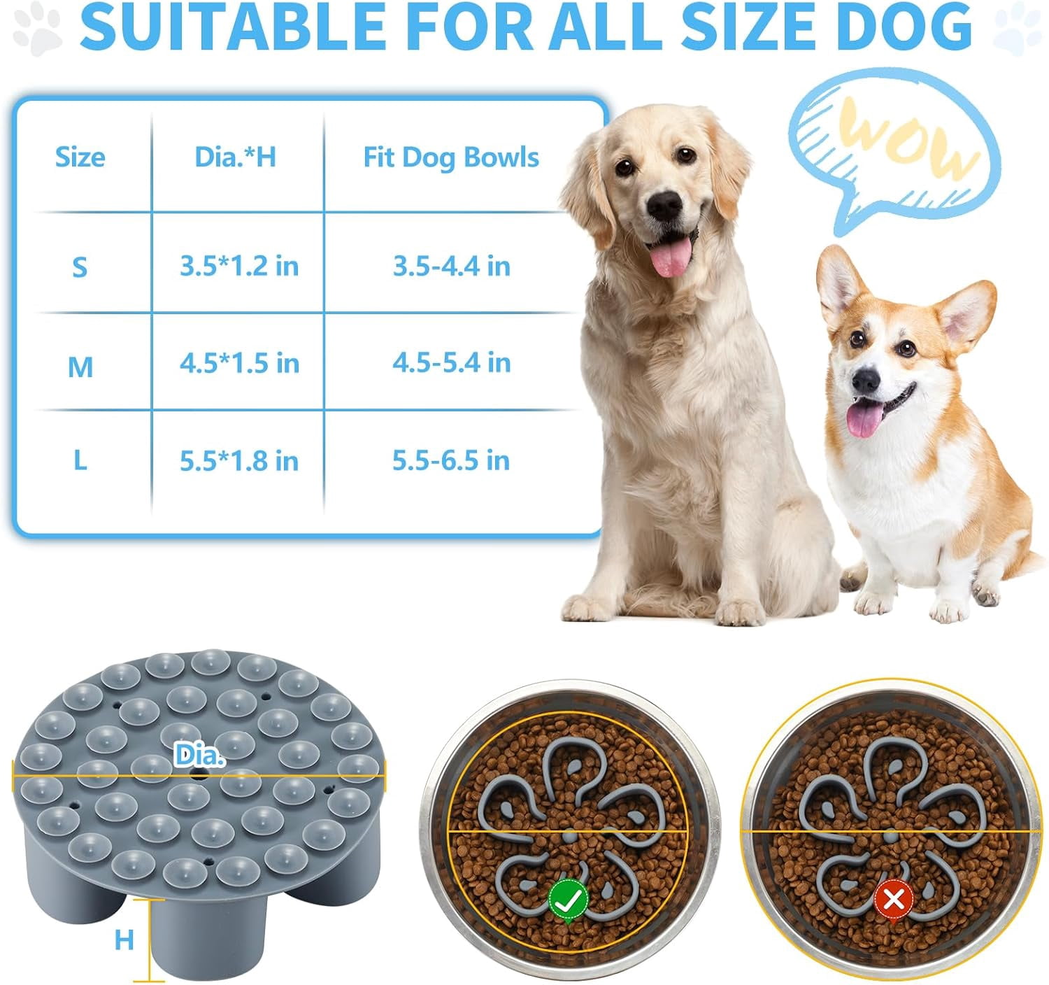 Slow Feeder Dog Bowls Insert,  Soft Silicone Slow Eating Dog Bowl Insert with Suction Cups for Small, Medium and Large Dogs(Grey M)