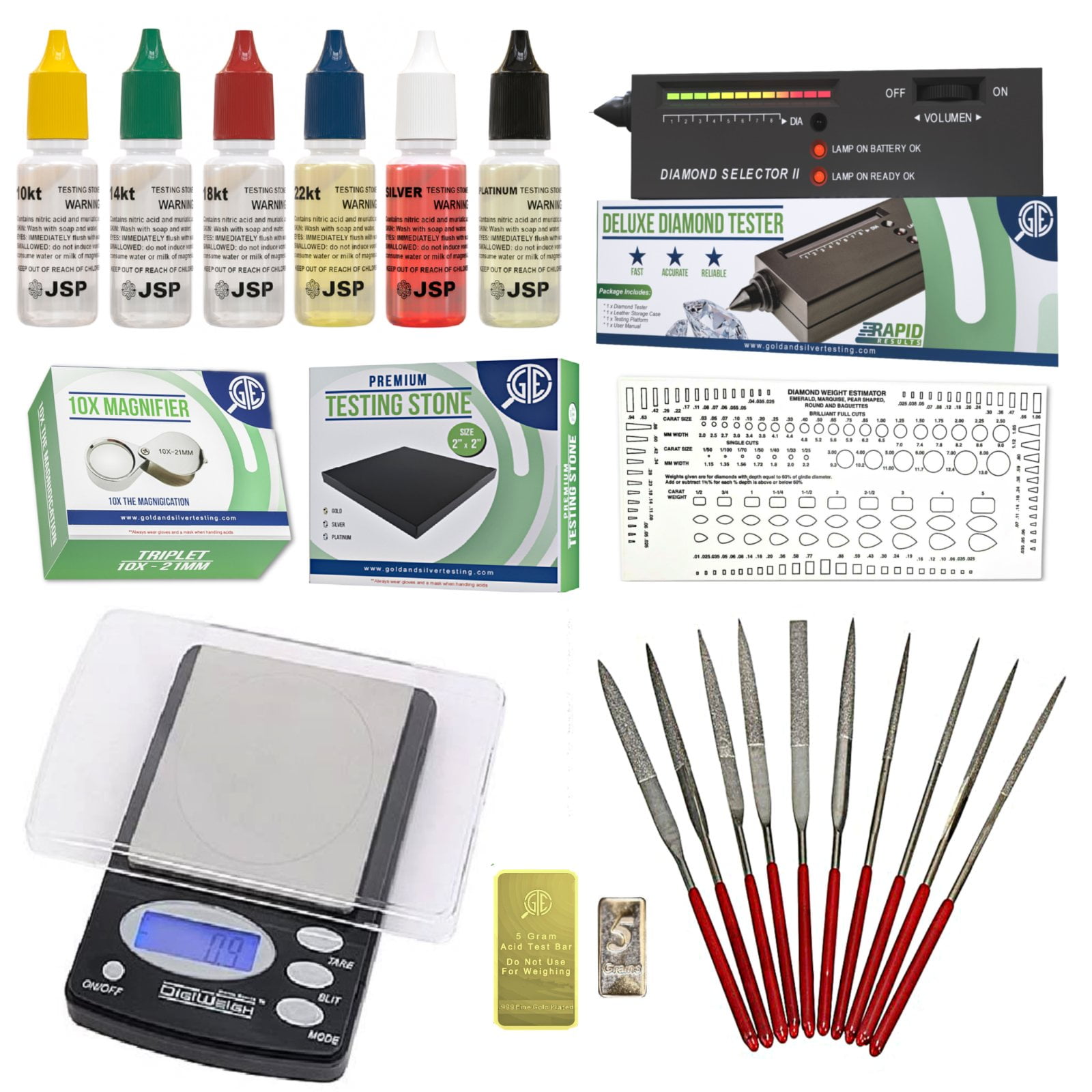 PuriTEST Complete Jewelers Hand Tool Kit Scale Magnification Loupe and Files Diamond Tester Test Stones Acid Solutions 