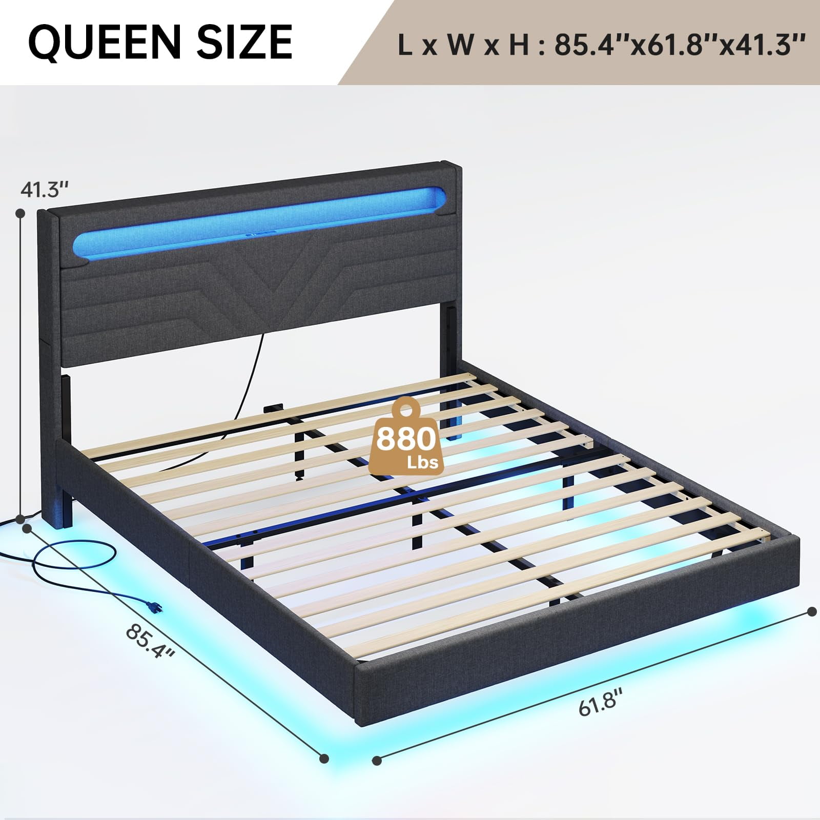 Afuhokles Queen Floating Bed Frame with LED Lights Headboard, Linen Upholstered Platform Bed with Storage Headboard, Dark Gray