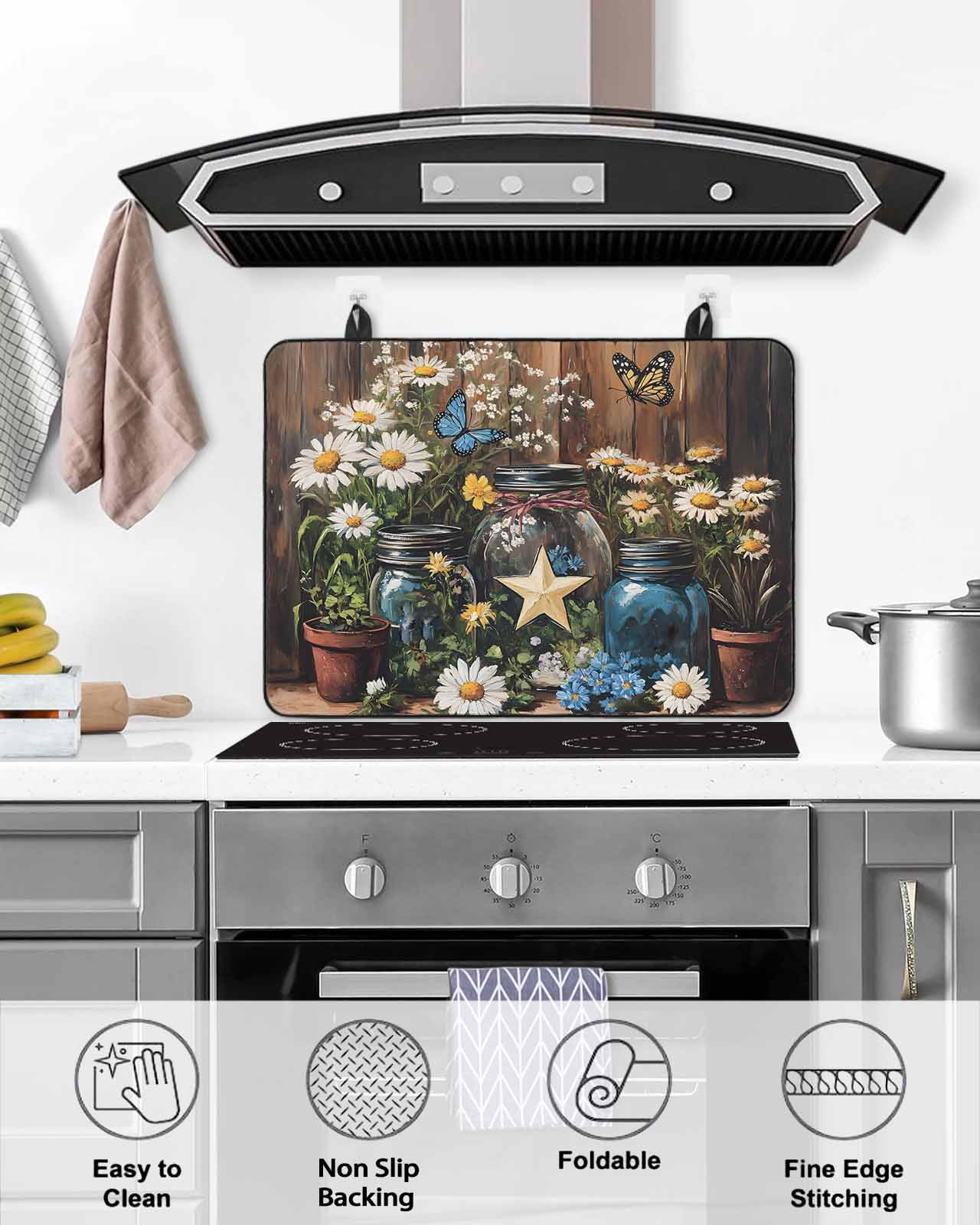 nqOlkjepod Large Induction Cooktop Protector Mat 36"x21", Vintage Flower Stove Top Covers for Electric Stove, Country Barn Star Daisies Butterfly Wood Stove Burner Cover Mats, Glass Top Stove Cover