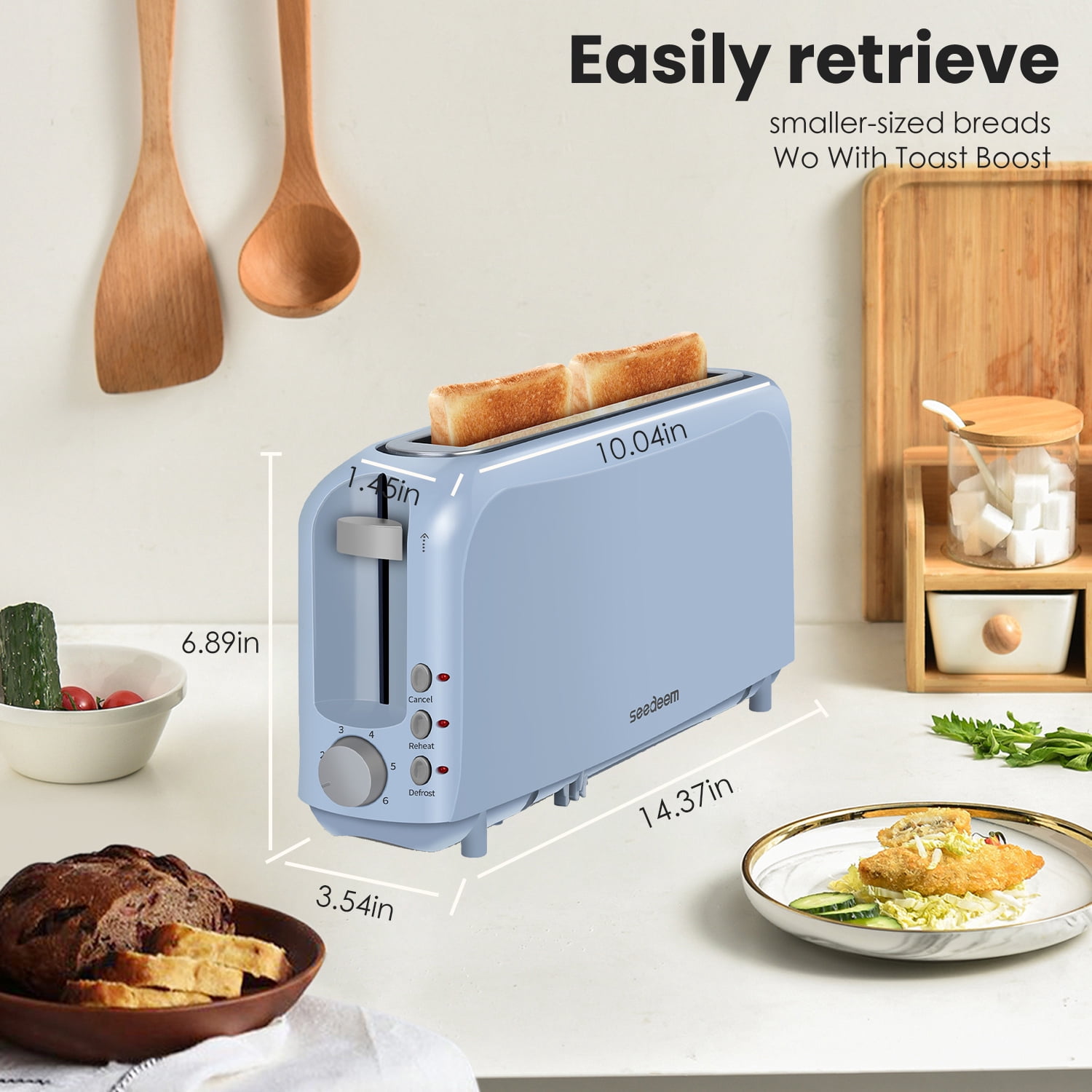 Slim 2-Slice Toaster, 10" Long Slot,6 Shade Settings with Cancel, Reheat & Defrost, Auto Shut off, Removable Crumb Tray，Blue