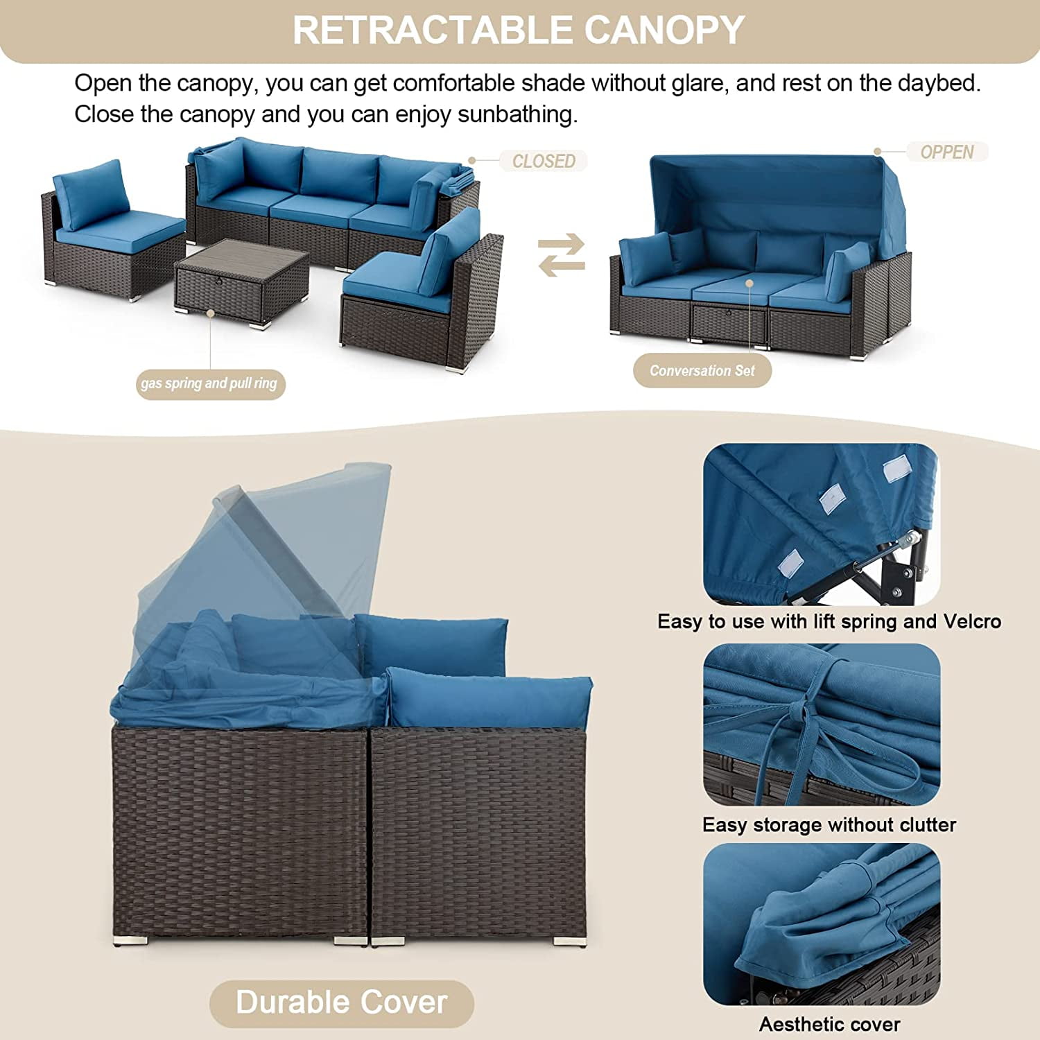 Vicluke 6 Pieces Patio Furniture Sets, Rattan Daybed with Retractable Canopy, Outdoor Sectional Sofa Set with Adjustable Backrest, Chaise Chair Sunbed for Garden Poolside Backyard（Blue）