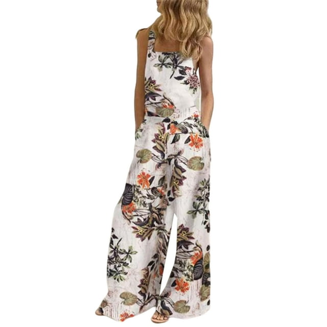 Daeful Pantalon Large Imprimé Floral Combinaison une Pièce Col Carré Longue Combinaison Décontractée Sans Manches Blanc Jaune TTG
