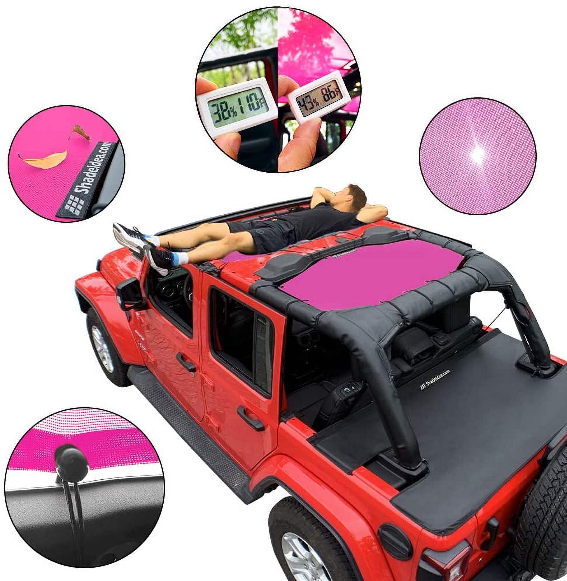 Shadeidea Jeep Wrangler Sun Shade JL Top Sunshade Front and Rear 2 piece-Pink Mesh Screen Sunshade JLU Unlimited 4 Door 2018-Current New Model Cover UV Blocker with Grab Bag-10 Years Warranty