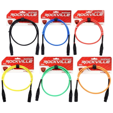 6 Rockville 3' Female to Male REAN XLR Mic Cable 100% Copper (6 Colors)