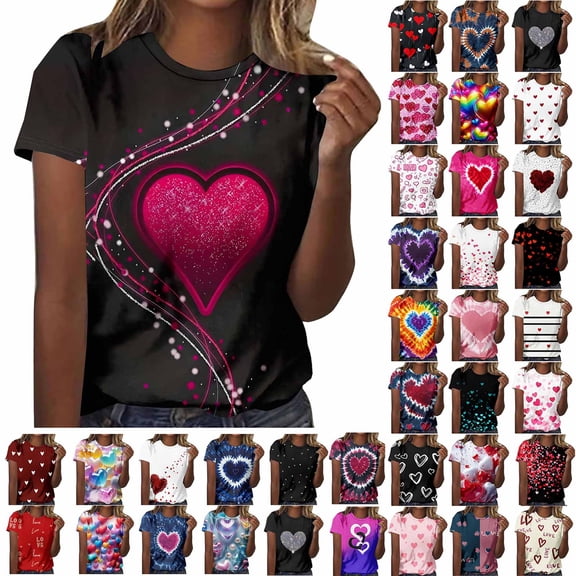 VKOYWKM Valentines Day Shirts Women Cute Tie Dye Print Love Heart Graphic Tees Short Sleeve Crew Neck Valentine Gift Tee Casual Hearts Tops