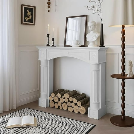 EPICOZY 43.3" Fireplace Mantel, Freestanding Fireplace Surround with Leg for Electric Fireplaces, MDF Mantel Surround with Shelf for Living Room with Decorative Pattern, Anti-Tipping & Waterproof