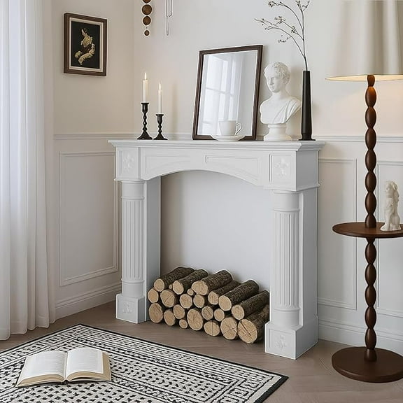 EPICOZY 43.3" Fireplace Mantel, Freestanding Fireplace Surround with Leg for Electric Fireplaces, MDF Mantel Surround with Shelf for Living Room with Decorative Pattern, Anti-Tipping & Waterproof