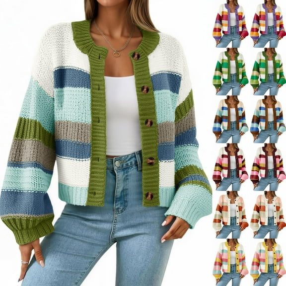 Women's Striped Chunky Needle Button-Down Cardigan Sweater Colorblock Long Sleeve Knitted Jacket for Fall and Winter Fashion,Blue,L