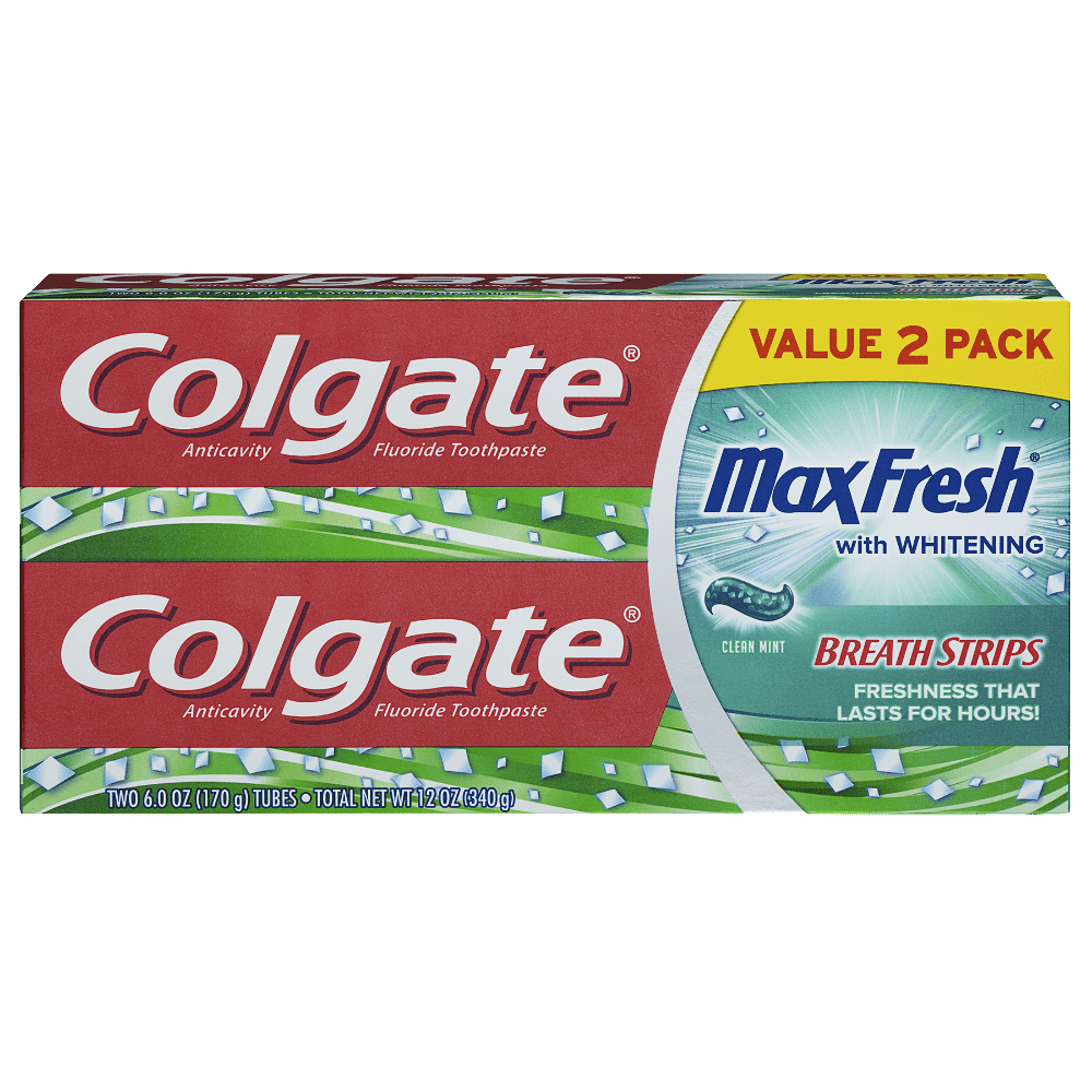 Colgate Max Fresh Toothpaste with Mini Breath Strips, Clean Mint - 6 Ounce (2 Pack)