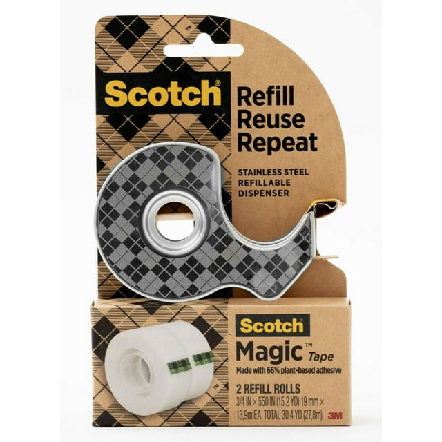 Scotch Stainless Steel Refillable Dispenser and Scotch Magic Tape with 66% Plant Based Adhesive, 0.75" x 550"