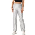 thumbnail image 1 of Pantalones de cuero sintético Daring Diva para mujer, de cintura alta, pierna recta, estilo punk, PU, talla XL, plateados, 1 of 6