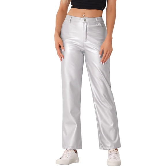 Pantalones de cuero sintético Daring Diva para mujer, de cintura alta, pierna recta, estilo punk, PU, talla XL, plateados