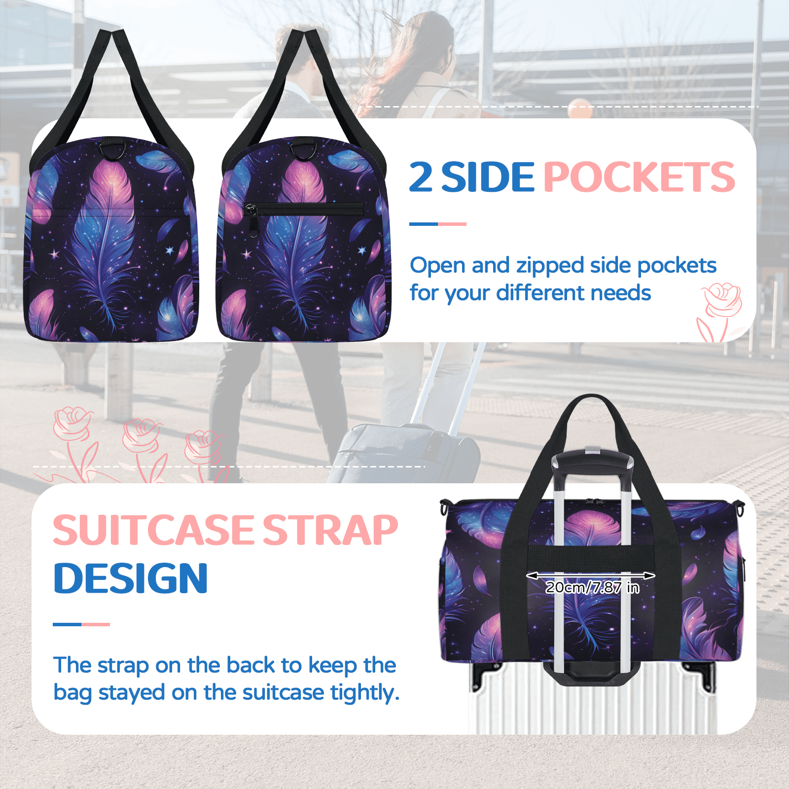 Herdesigns Watercolor Feather Gym Bag for Women, Duffle Bag for Travel Sport, Lightweight Waterproof Carry on Weekender Dance Yoga Workout Bags