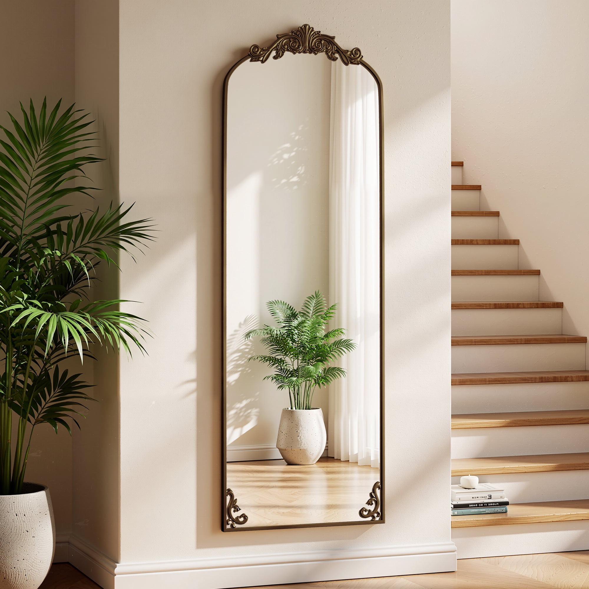 Anyrose 66"x 21" Baroque Full Length Mirror Arched Vintage Floor Mirror with Stand, Antique Bronze