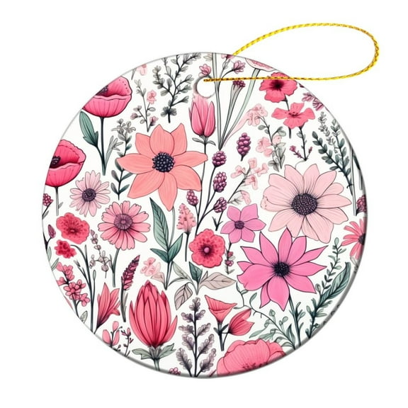 Ornament Pretty Pink Wild Flower Customized Round Ceramic Ornament Vintage Floral Christmas Home Office Tree Decorations Christmas Ornament for Family Sister Friend