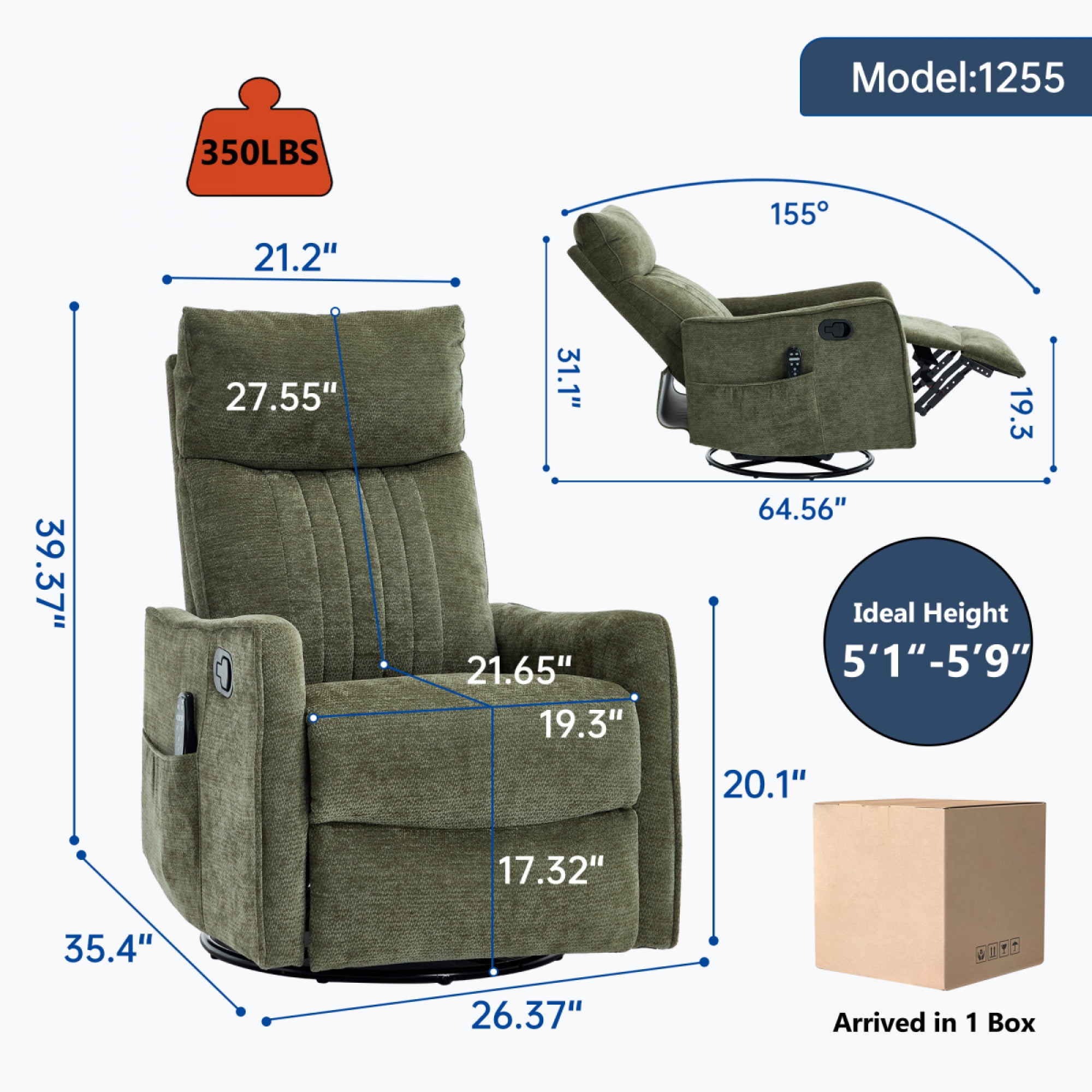 360 Swivel Rocking Recliner Chair for Adults, Nursery Rocking Chair with Heat and Massage, Glider Reclining Chair for Small Space, Living Room, Bedroom (Chenille, Green)