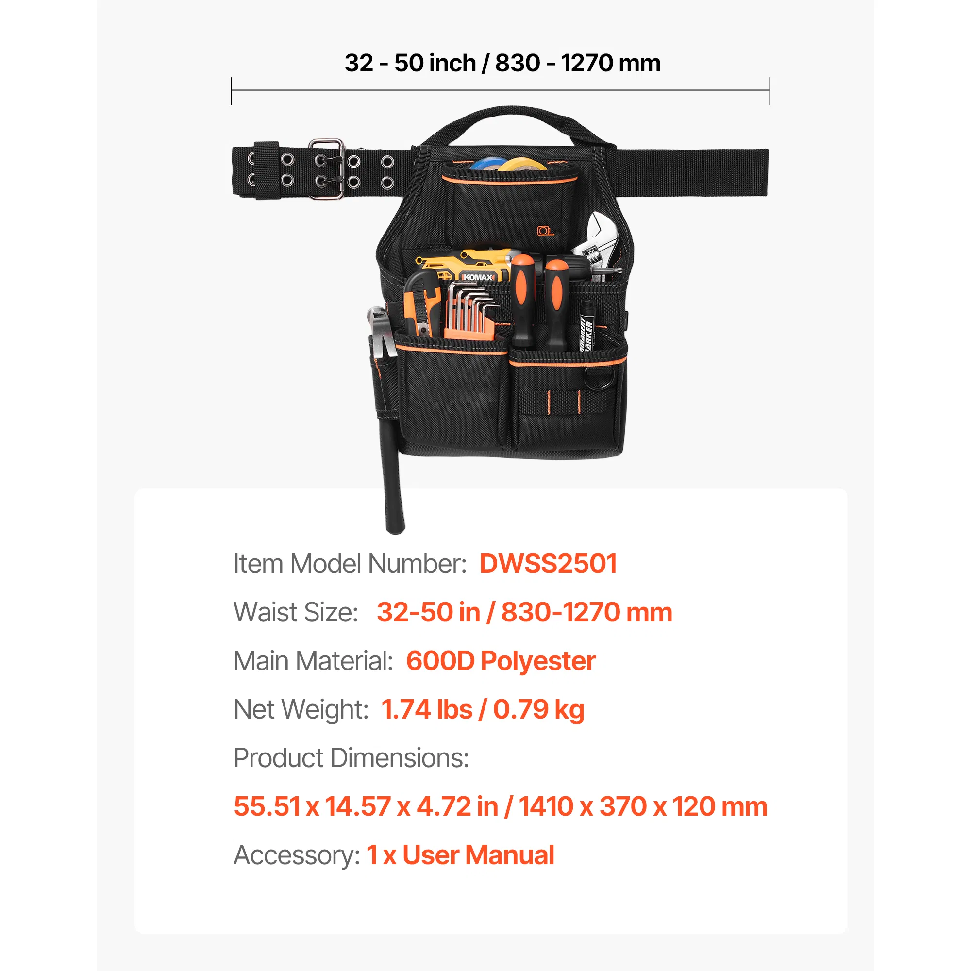 Heavy-Duty Tool Pouch with Belt - 14 Pockets Adjustable Utility Work Bag for Electricians, Carpenters, Construction Workers, Fits Waist 32-50 Inches