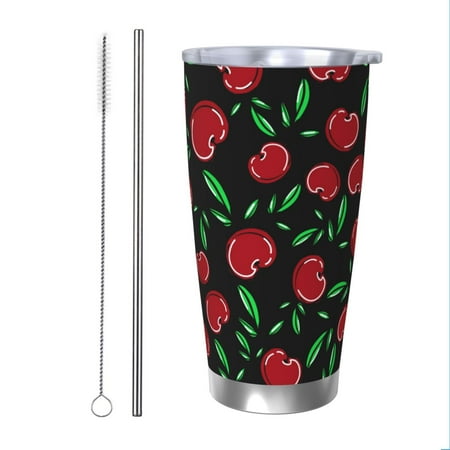 

Uemuo Cherry Print Travel Coffee Mug 20oz Double-walled Car Cup Stainless Steel Insulated Tumbler Leak-proof Travel Cup Reusable Straw Car Cup-Straw Two-piece Set