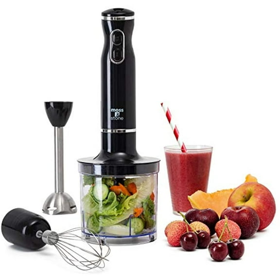 Moss & Stone Hand Blender Electric With Egg Whisk & Chopper, Powerful 300 Watt Immersion Hand Blender Set, Hand Mixer Set Stainless Steel Shaft & Blades, Black Handheld Blender With Ergonomic Handle