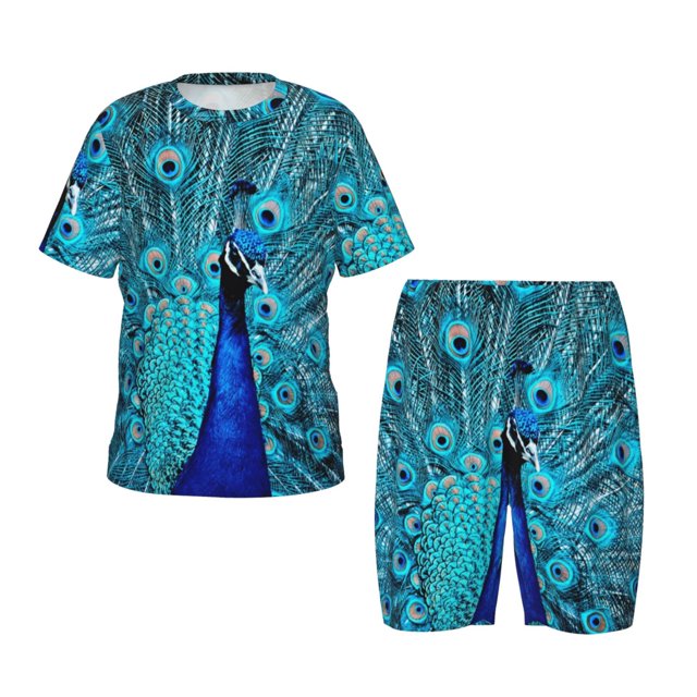 Balery Beautiful Blue Peacock Conjunto de Pijama Infantil de Manga Corta con Estampado – Ropa de Dormir de Algodón Suave-Large