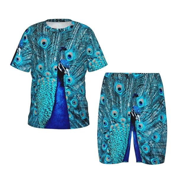 Balery Beautiful Blue Peacock Conjunto de Pijama Infantil de Manga Corta con Estampado – Ropa de Dormir de Algodón Suave-XX-Large